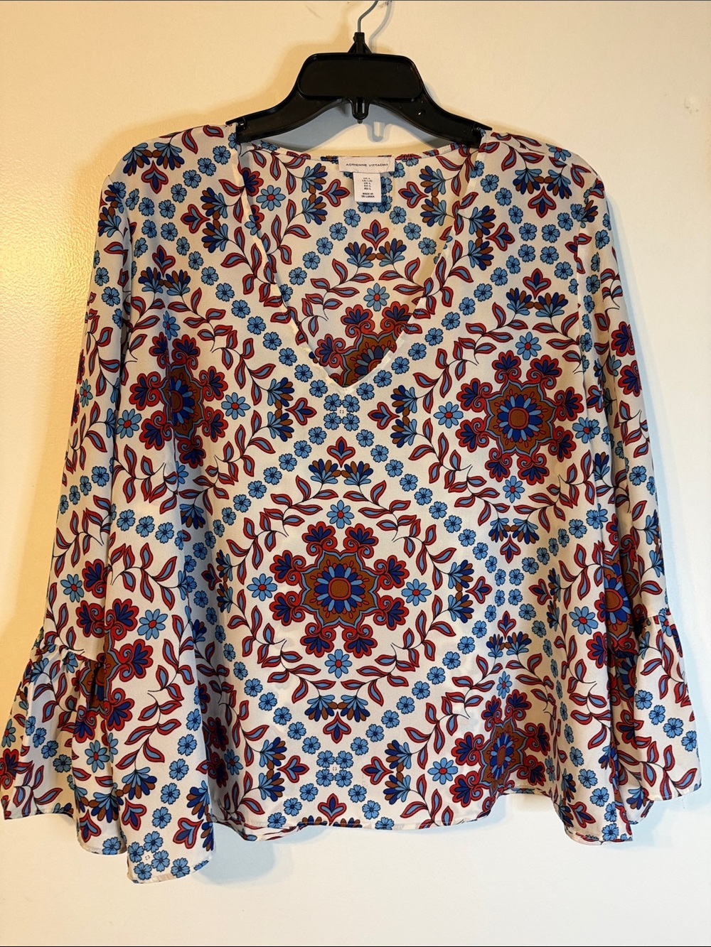 Adrienne Vittadini Cream V-Neck Blouse with Red and Blue Medallion Print